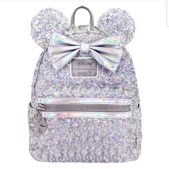 Loungefly Disney Holographic Sequin Minnie Mouse Backpack Silver Rave Bag - OBO - Picture 4 of 8